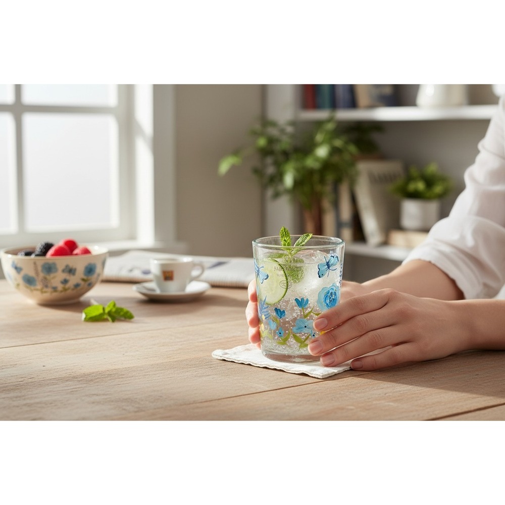 Floral Drinking Glass Women OS Blue NWOT Hand Painted Butterfly
